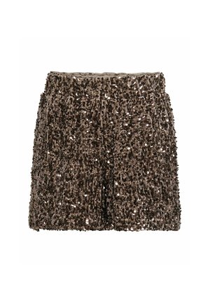 Szorty z cekinami w metalicznym brązowym odcieniu, z fakturowaną powierzchnią i cekinami w różnych rozmiarach oraz elastycznym pasem.