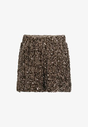 Szorty z cekinami w metalicznym brązowym odcieniu, z fakturowaną powierzchnią i cekinami w różnych rozmiarach oraz elastycznym pasem.