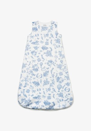 Sac de couchage pour bébé sans manches blanc avec des illustrations bleues de fleurs, montgolfières, chevaux à bascule, nœuds et papillons.