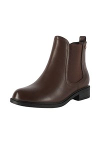 Stivaletto in pelle marrone, pannelli laterali elasticizzati, punta arrotondata, tacco basso a blocco, superficie texturizzata, dettaglio hardware minimale.