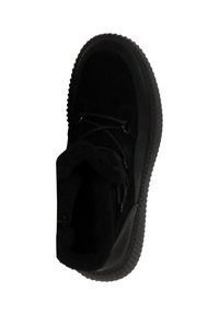 Black suede ankle boot with faux fur lining, round toe, padded collar, and textured rubber sole. Features central lacing for adjustment.