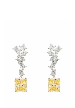 Yellow and clear gemstone earrings featuring a cascading design with rectangular and square shapes, set in silver metal.