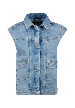 Spijkerjas zonder mouwen in lichtblauw, met een knoopsluiting aan de voorkant, twee voorzakken en een gestructureerde kraag. Heeft een vervaagde, textuurachtige afwerking.