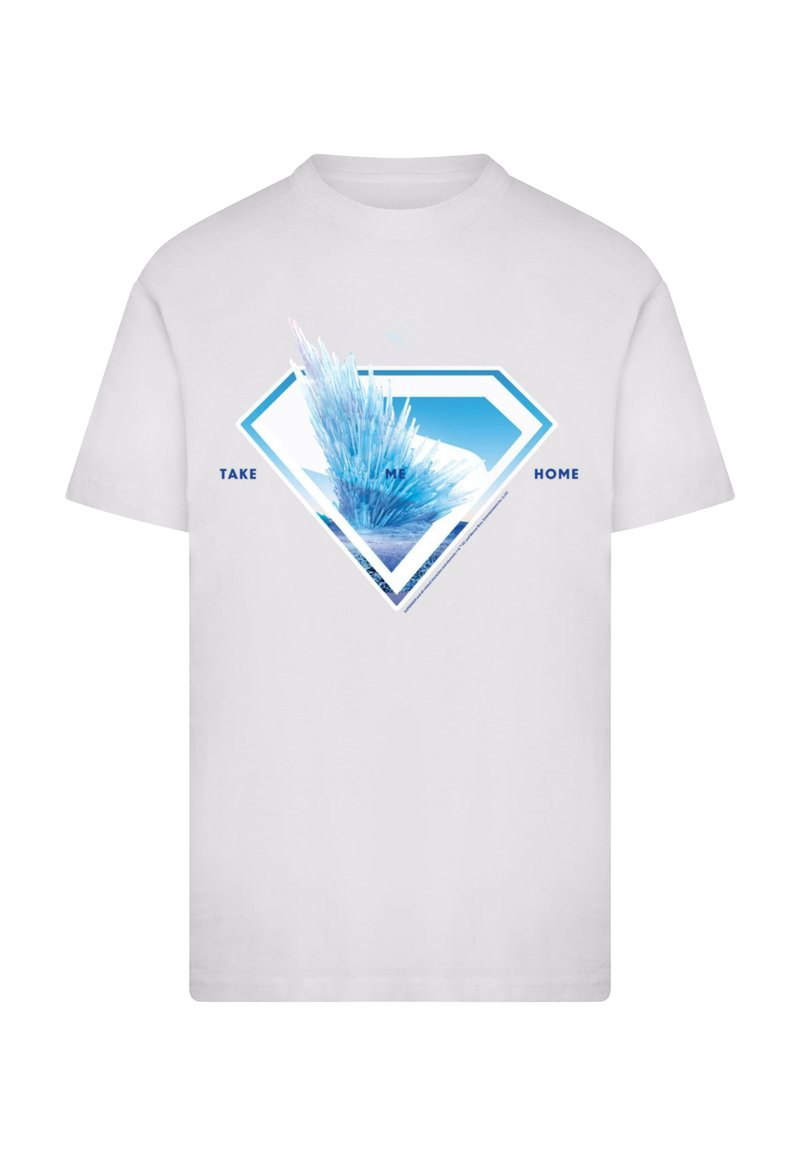 Hvid bomulds t-shirt med et blåt diamantmotiv, der har isede teksturer, og teksten "TAKE ME HOME" integreret i designet.