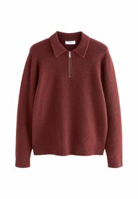 Burgundijas krāsas džemperis ar rāvējslēdzēja apkakli, izgatavots no mīksta, teksturēta auduma, ar ribotām piedurknēm un apakšmalu, nodrošinot brīvu piegriezumu.