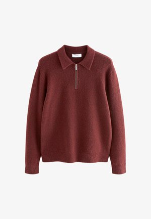 Burgunderfarbener Pullover mit einem Reißverschluss-Kragen, aus einem weichen, strukturierten Stoff gefertigt, mit gerippten Bündchen und Saum für eine lockere Passform.
