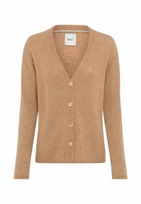 Cardigan lungo a maglia marrone chiaro con maniche lunghe, scollatura a V e quattro bottoni frontali, etichettato Brax.