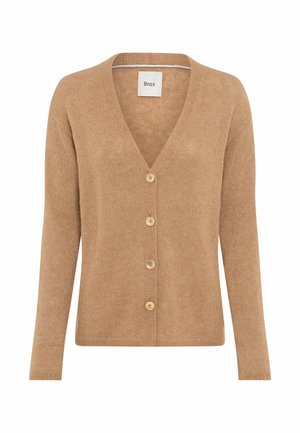 Hellbrauner, langärmeliger Strickcardigan mit V-Ausschnitt und vier Knöpfen vorne, etikettiert Brax.