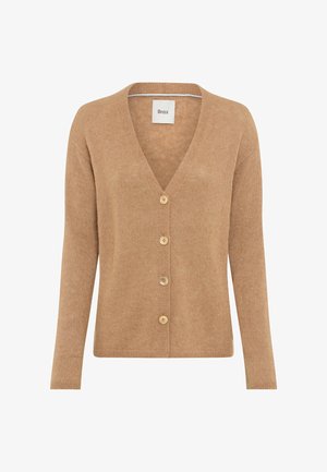Light brown long-sleeve knitted cardigan with V-neck and four front buttons, labeled Brax.