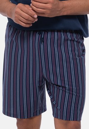 Navy swim shorts featuring vertical stripes in red and white. Made of lightweight fabric with an elastic waistband and drawstring.