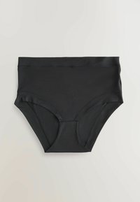 Svarta högmidjade underkläder tillverkade av ett slätt, elastiskt tyg. Har mjuka kanter och en sömlös design för komfort.