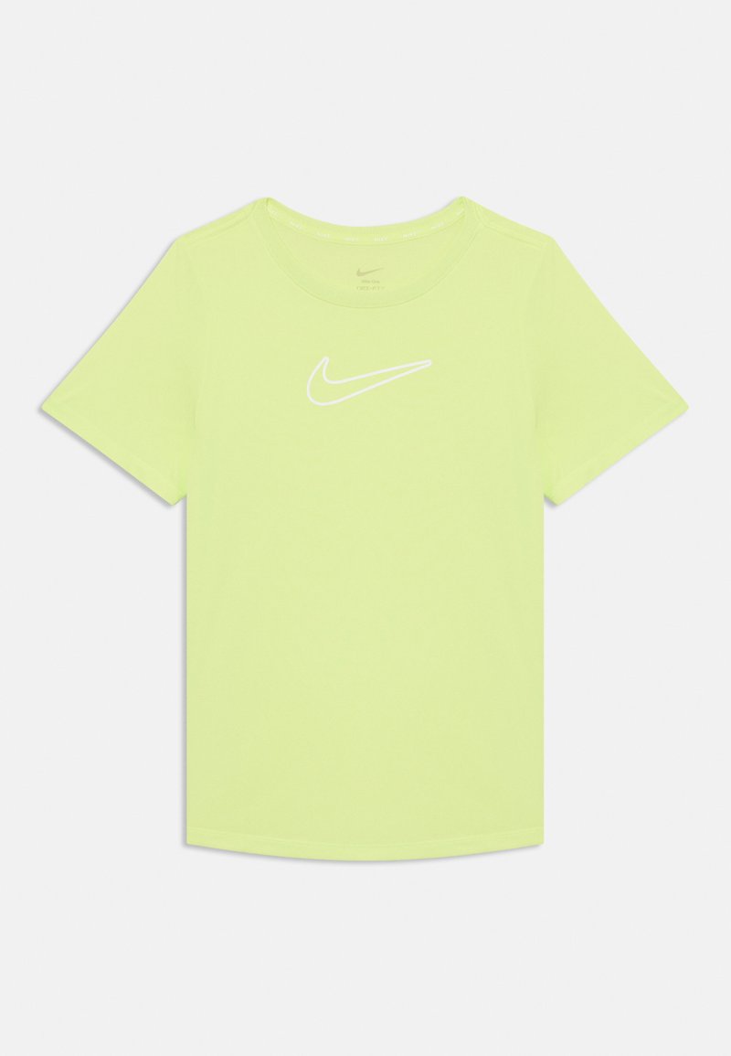 T-shirt à manches courtes Nike en jaune fluorescent, fabriqué dans un tissu lisse. Présente un logo Nike blanc sur la poitrine. Encolure ronde, coupe régulière.