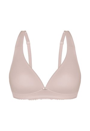 Helles beiges Dreieck-BH mit verstellbaren Trägern und einer kleinen Schleife in der Mitte, aus glattem Stoff mit einer Spitzeneinfassung am unteren Rand.