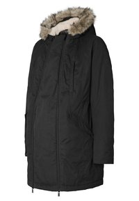 Černá zimní parka s odnímatelnou kapucí, lemovaná umělým kožíškem, se zapínáním na zip a bočními kapsami. Vyrobena z texturované, izolované tkaniny.