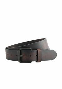 Brown leather belt featuring a smooth finish, rectangular black metal buckle, and several holes for adjustable sizing.