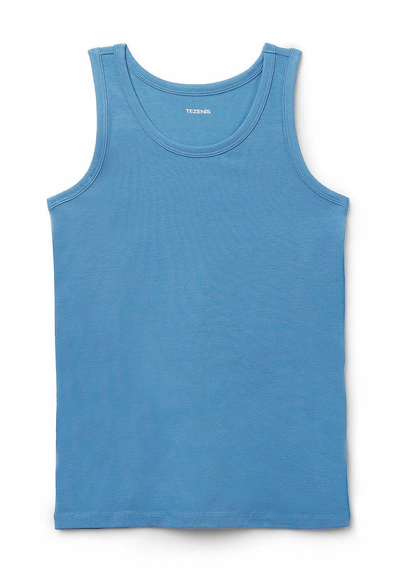 Jasnoniebieski bawełniany top na ramiączkach z okrągłym dekoltem i szerokimi ramiączkami, o gładkiej fakturze i prostym dole.