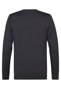 Dunkelgrauer Pullover mit langen Ärmeln, geripptem Kragen, Bündchen und Saum, aus einem weichen, strukturierten Stoff gefertigt. Nahtloses Rückendesign.