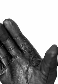 Black leather glove with visible stitching, textured surface, and a fitted design. Open palm showcases finger separations and detailing.
