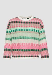 Pull en tricot avec un col rond, présentant des rayures horizontales en rose, vert et crème. Tissu texturé avec une coupe ample et des manches trois-quarts.