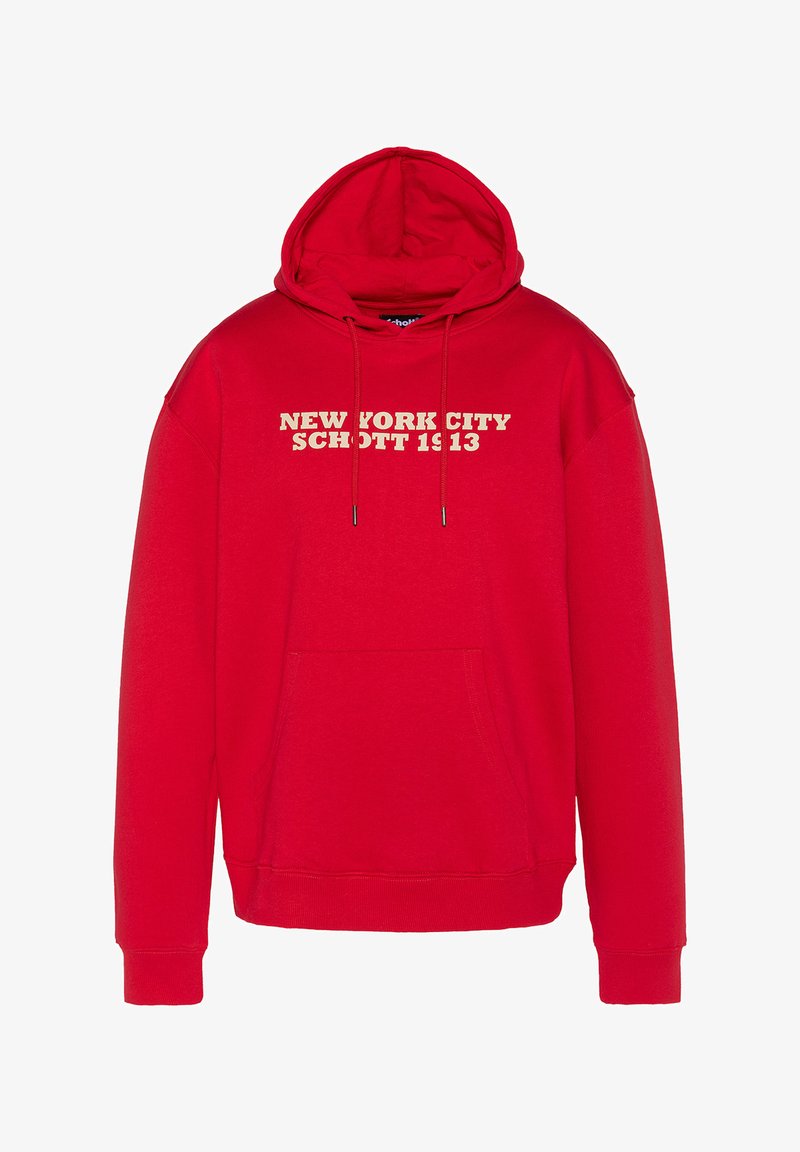 Sudadera roja de mezcla de algodón. Presenta un gran bolsillo frontal, capucha con cordón y "NEW YORK CITY SCHOTT 1913" impreso en crema.