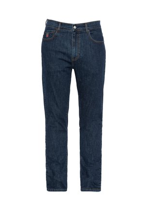 Jeans in denim blu scuro con taglio dritto. Le caratteristiche includono cuciture a contrasto, chiusura con bottone anteriore e tasche laterali.