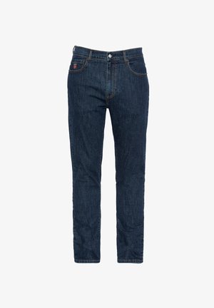 Granatowe dżinsy o prostym kroju nogawki. Cechy produktu to kontrastowe szwy, zapięcie na guzik z przodu oraz boczne kieszenie.