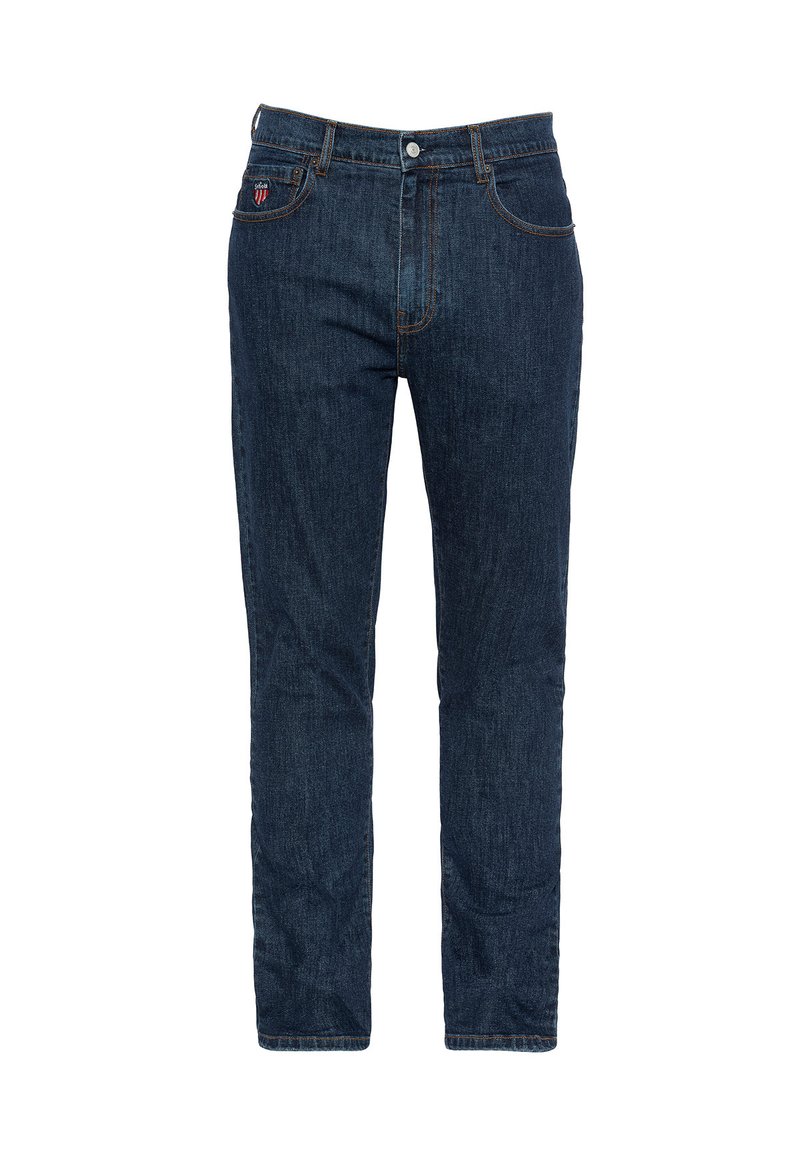 Vaqueros de mezclilla azul oscuro con corte recto. Incluye costuras de contraste, un cierre de botón en la parte frontal y bolsillos laterales.