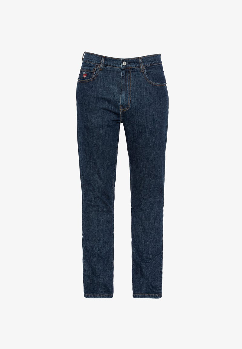 Vaqueros de mezclilla azul oscuro con corte recto. Incluye costuras de contraste, un cierre de botón en la parte frontal y bolsillos laterales.