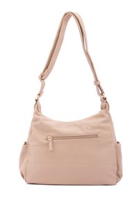 Borsa a spalla in pelle beige con finitura texture, tracolla regolabile, tasca con zip frontale e tasche laterali per ulteriore spazio di archiviazione.