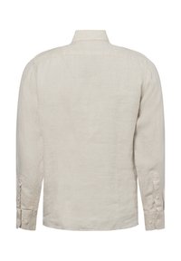 Hellbeige Leinenhemd mit spitzem Kragen, langen Ärmeln und knöpfbaren Manschetten. Hat eine glatte Textur und ein einfaches, vielseitiges Design.