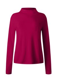 Maglione a maniche lunghe di un rosa lampone con collo alto, caratterizzato da una texture liscia e una vestibilità comoda.