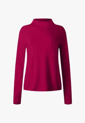 Long-sleeve, raspberry pink mock-neck sweater with a smooth texture and relaxed fit.