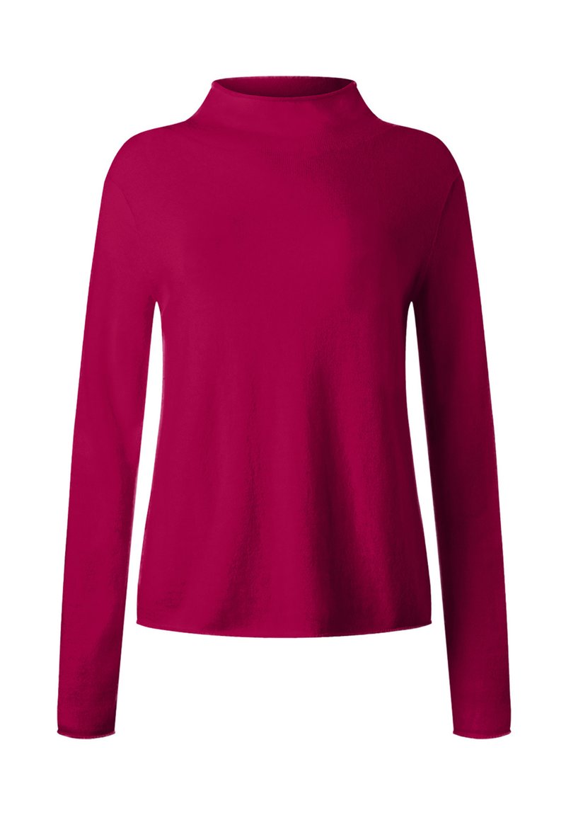 Maglione a maniche lunghe di un rosa lampone con collo alto, caratterizzato da una texture liscia e una vestibilità comoda.