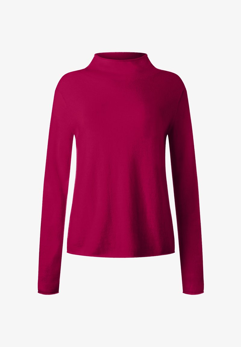 Maglione a maniche lunghe di un rosa lampone con collo alto, caratterizzato da una texture liscia e una vestibilità comoda.