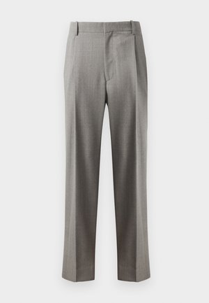 Pantalons gris ajustés avec une coupe droite, devant plat et texture de tissu subtile. Conçus avec des poches latérales et des passants de ceinture.