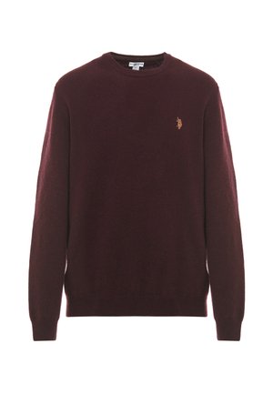Maglione in maglia bordeaux con maniche lunghe e scollo rotondo. Presenta un piccolo logo dorato sul lato sinistro del petto. Texture morbida.