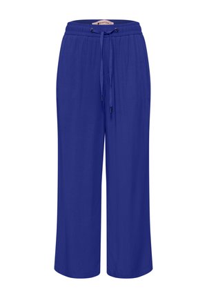 Blå bukser med vide ben, elastik i taljen og justerbar snøre foran, vist mod en hvid baggrund.