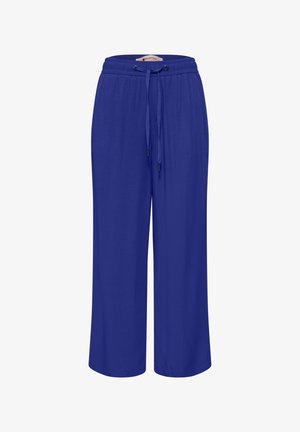 Pantalon bleu à jambes larges avec taille élastique et cordon ajustable à l'avant, présenté sur fond blanc.