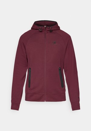 Maroon zip-up hoodie with black zipper pockets, adjustable drawstrings on hood, and small logo on chest and sleeve cuff.