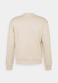 Beige sweatshirt med rund hals, långa ärmar och ribbade muddar och nederkant. Slät textur, avslappnad passform, inga synliga mönster eller detaljer.