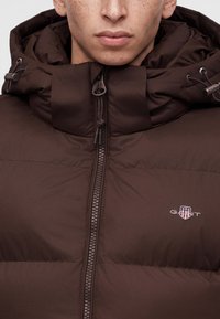 Homme portant une veste matelassée marron foncé avec une fermeture éclair sur le devant et une capuche avec des cordons ajustables.