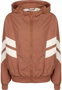 Brun lätt hooded jacka med vita diagonala ränder, dragkedja fram, ribbade ärmslut och fåll. Texturerad tyg med en avslappnad passform.