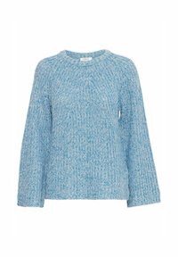 Pull tricoté chiné bleu clair et blanc avec un col rond et de larges manches longues.