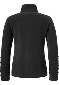 Schwarzer Fleece-Pullover mit hohem Kragen, langen Ärmeln und abgerundetem Saum. Der Stoff hat eine weiche Textur und keine sichtbaren Muster oder Beschläge.