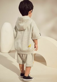 Grå kortärmad hoodie med en design av en gul tecknad fågel, tillsammans med grå shorts. Svarta sneakers med vita snören fulländar outfiten.