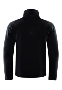 Schwarze, langärmlige Jacke mit hohem Kragen, aus glattem Stoff und in minimalistischem Design. Mit einem dezenten Logo auf dem Rücken.