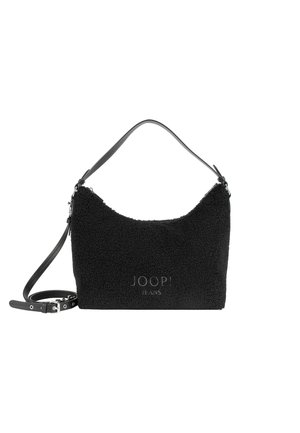 Schwarze strukturierte Handtasche mit kurzen und langen verstellbaren Trägern, mit dem auf der Vorderseite geprägten "JOOP! JEANS"-Logo.