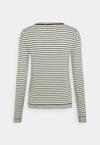 Zielony i biały sweter w paski z długimi rękawami, okrągłym dekoltem i ściągaczami. Teksturowana dzianina z prostym dołem.