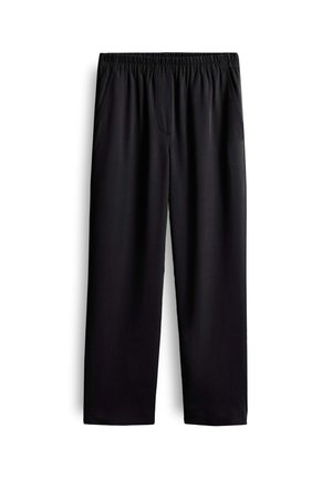 Black tailored pants with an elastic waistband, side pockets, straight leg design, smooth fabric texture, and no visible patterns or accents.