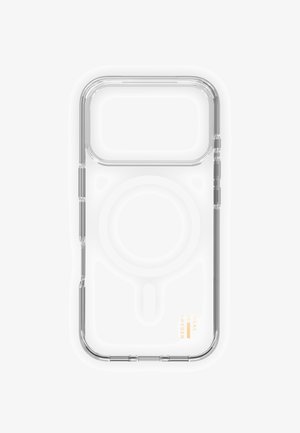 Läpinäkyvä puhelimen suojakuori, jossa iskunvaimennusominaisuudet, pyöristetyt reunat, keskellä magneettinen latauspiiri ja hillitty kultainen merkintä alareunassa.